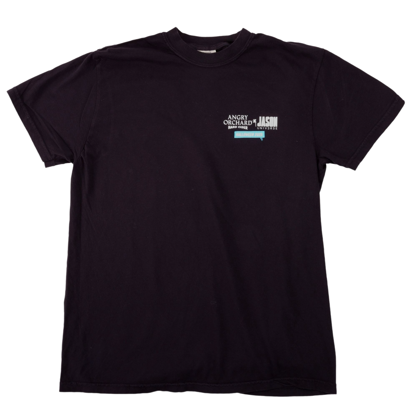 Black tee with Angry Orchard x Jason Universe Halloween 2025 text printed in the left chest pocket area.