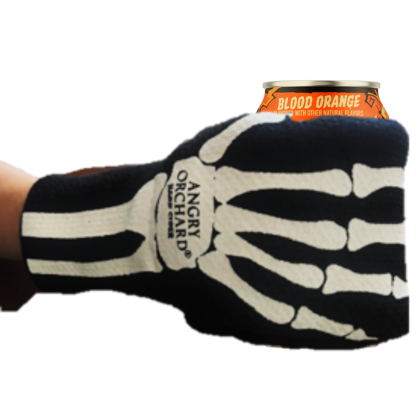 A knit mitten glove featuring artwork of skeleton hand. Shown holding a can of Angry Orchard in the hand of the model. It functions as a mitten with a hole for holding drinking cans