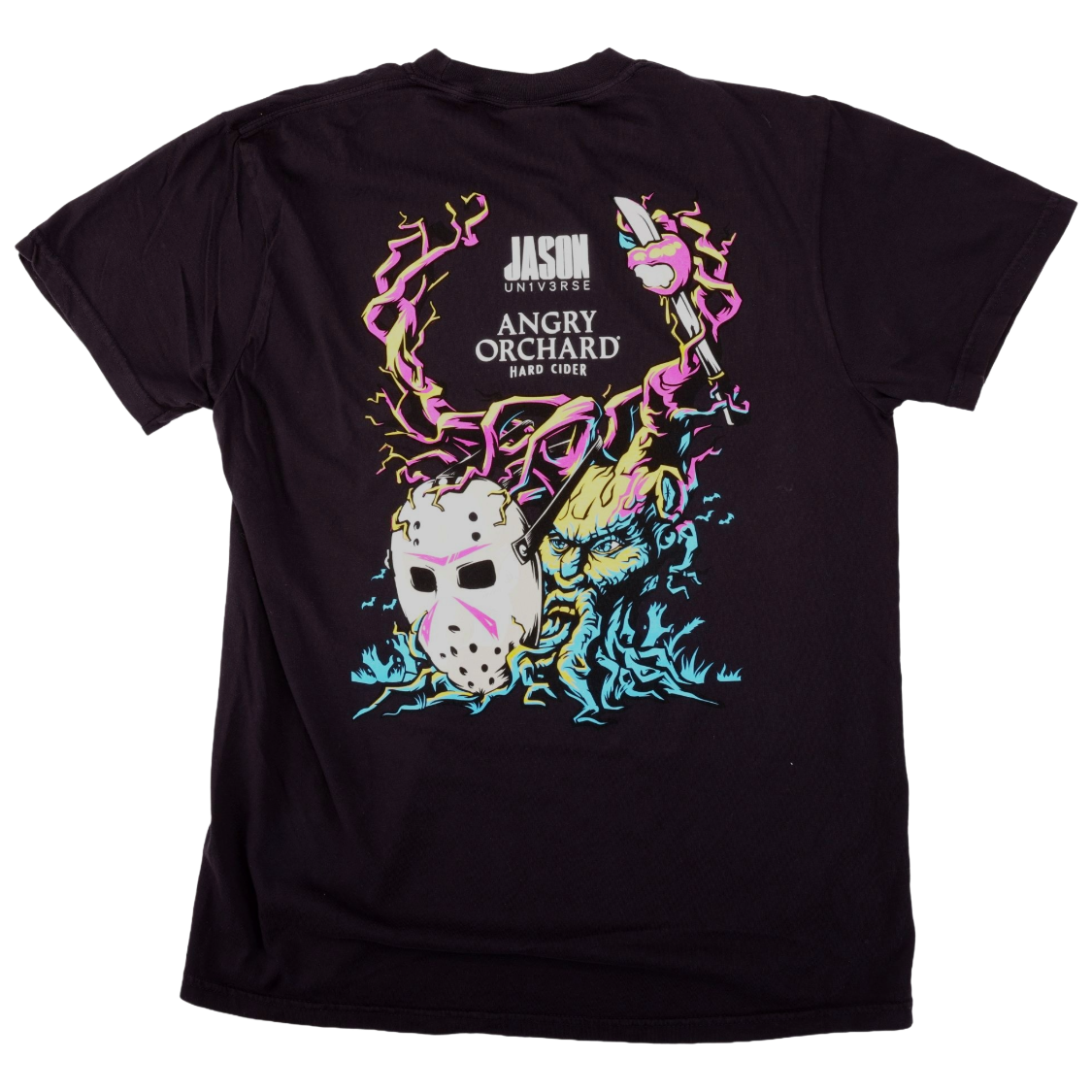 Black tee with illustration of a colorful tree that is personified like a man with a beard. The tree is holding a hockey mask up to its "face".