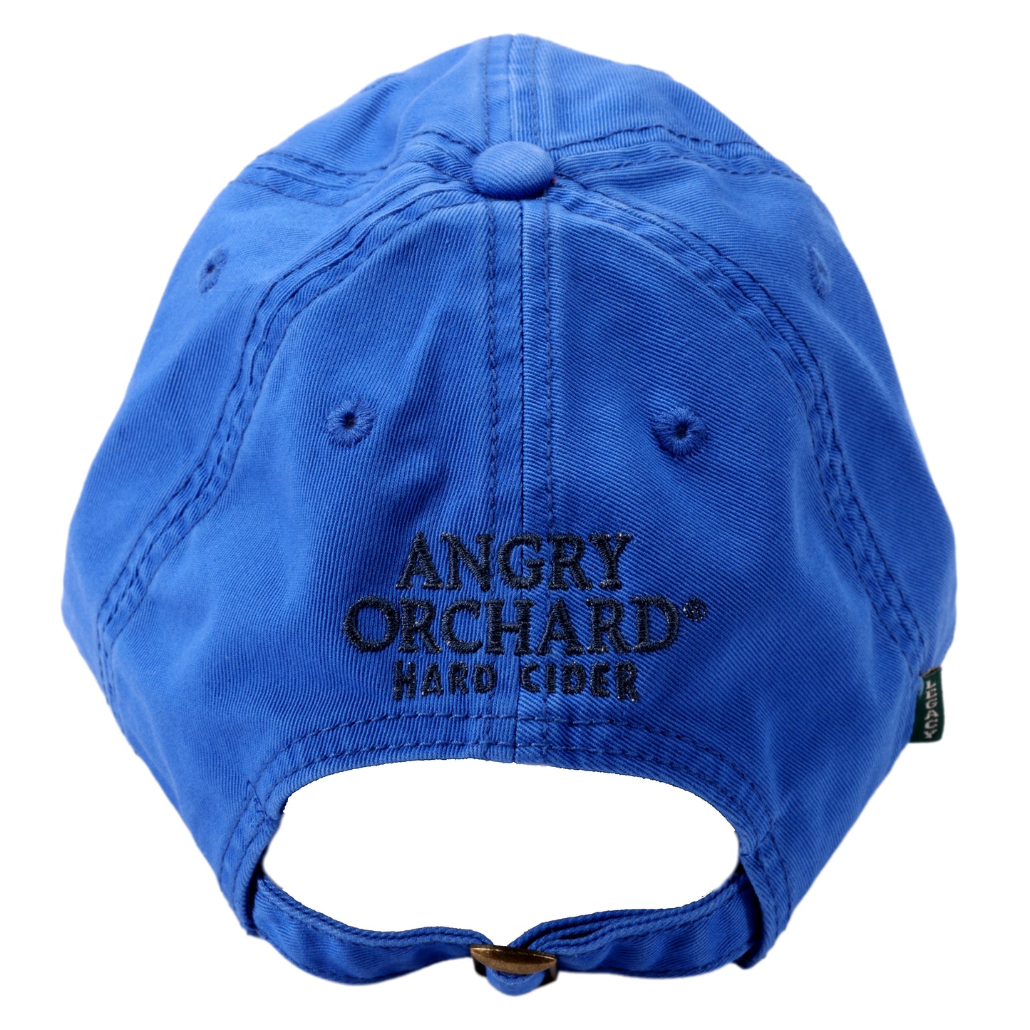 Back view of blue hat with writing "Angry Orchard Hard Cider" in black above adjustable strap with gold hardware.