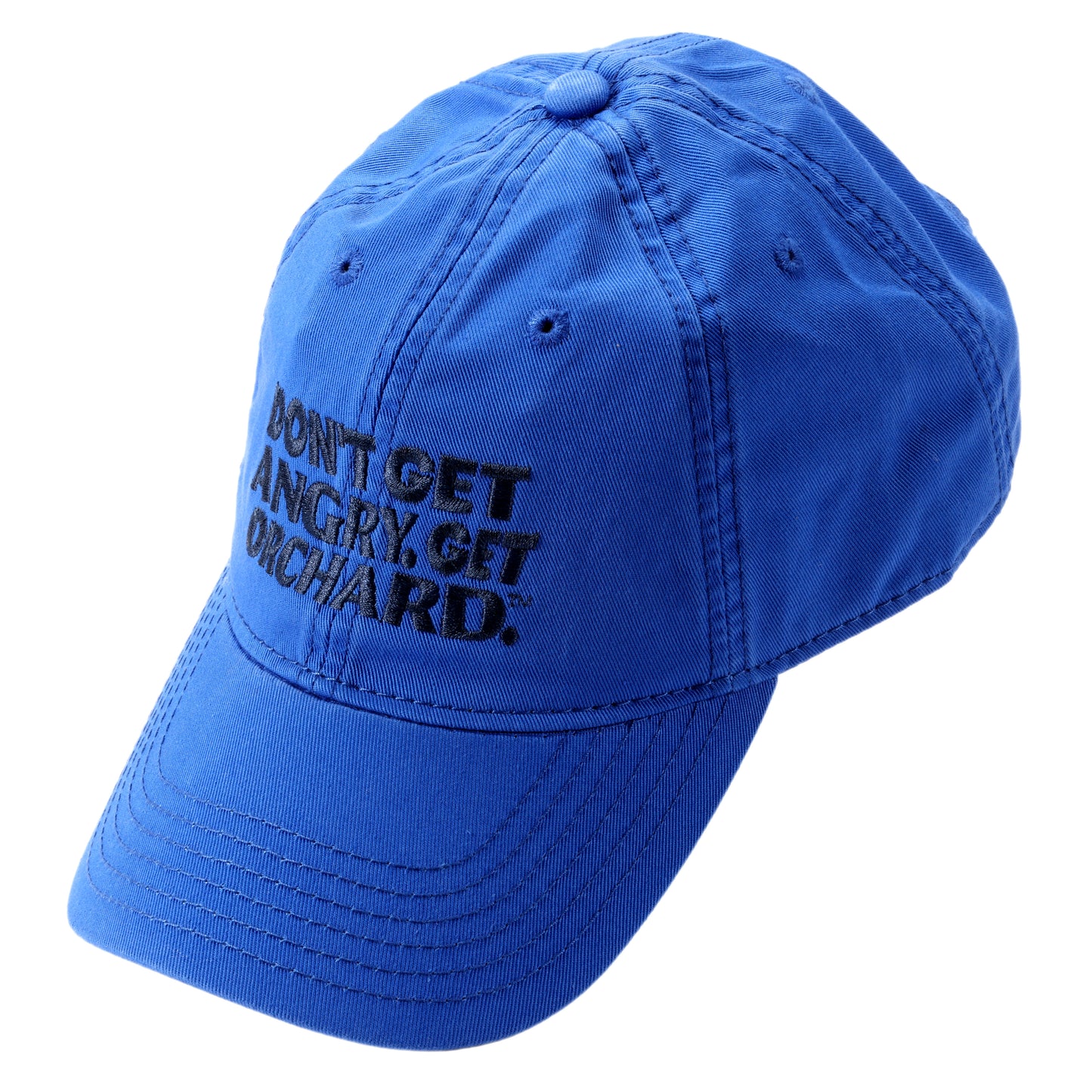 Front view of blue hat with writing "Don't Get Angry, Get Orchard." in black.