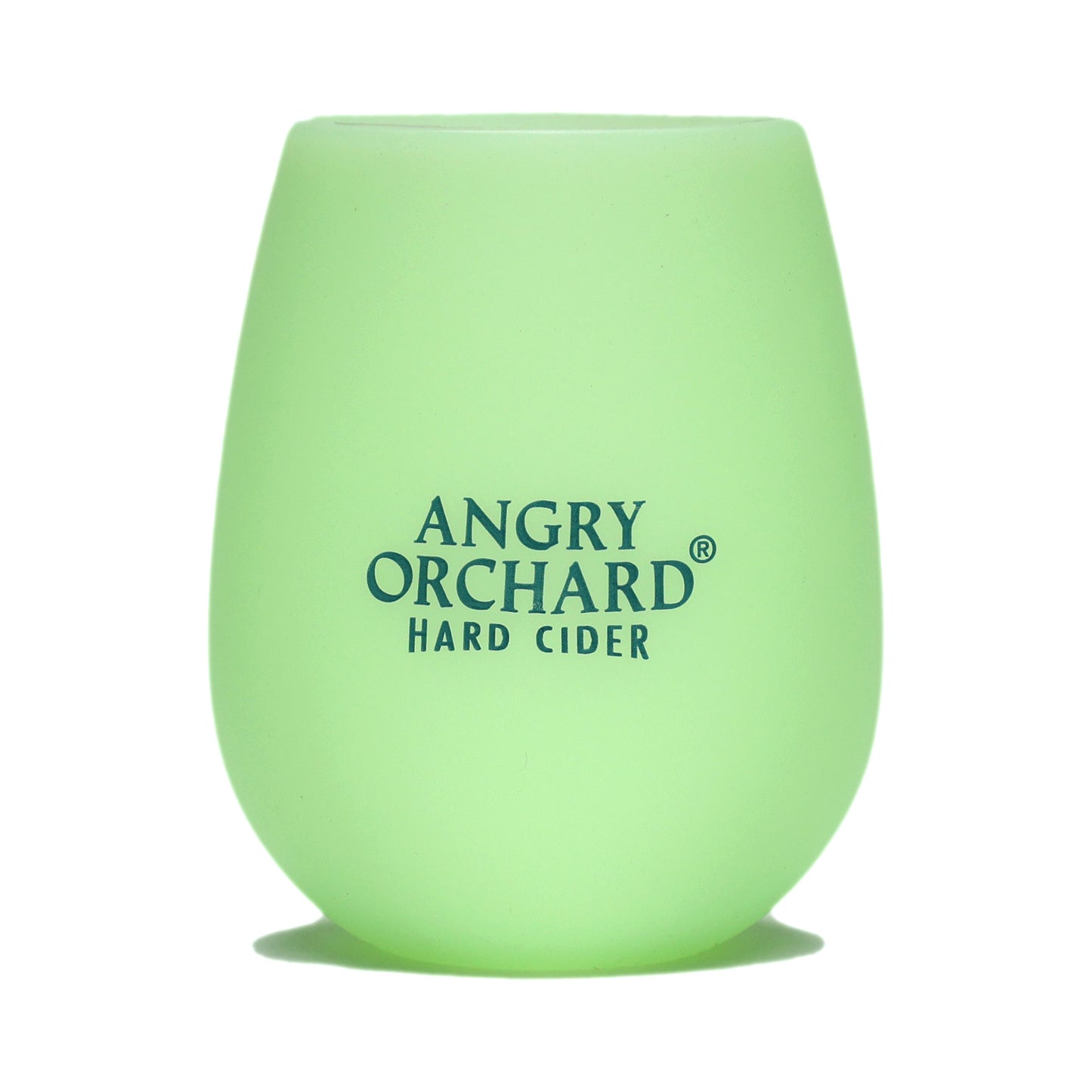 Front of stemless glass features Angry Orchard written logo and appears a green color.