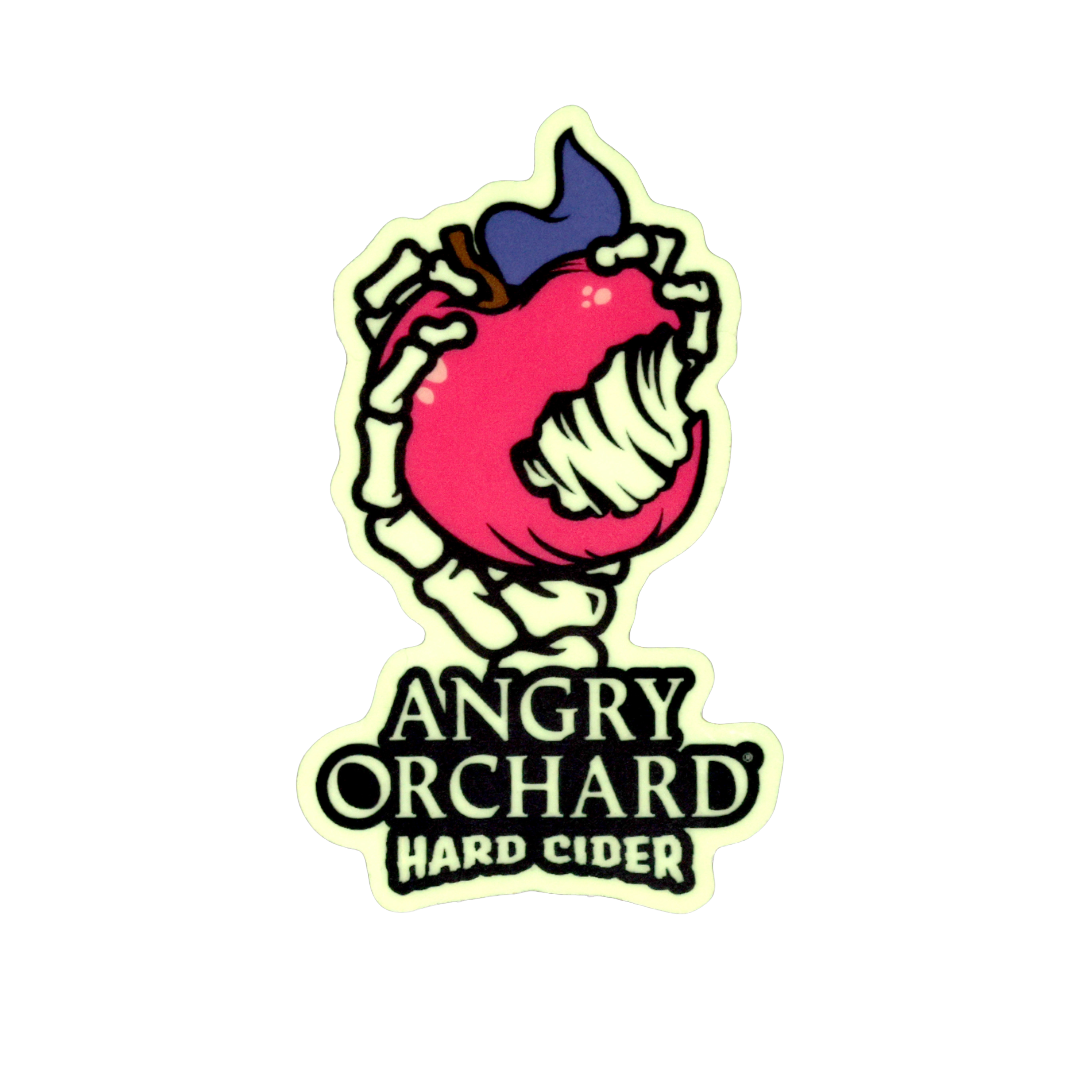 Skeleton hand holding apple with bite taken out. Angry Orchard Hard Cider Logo below hand.