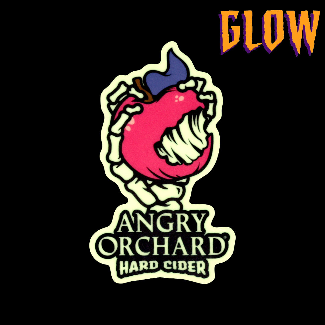 Skeleton hand holding apple with bite taken out. Angry Orchard Hard Cider Logo below hand.