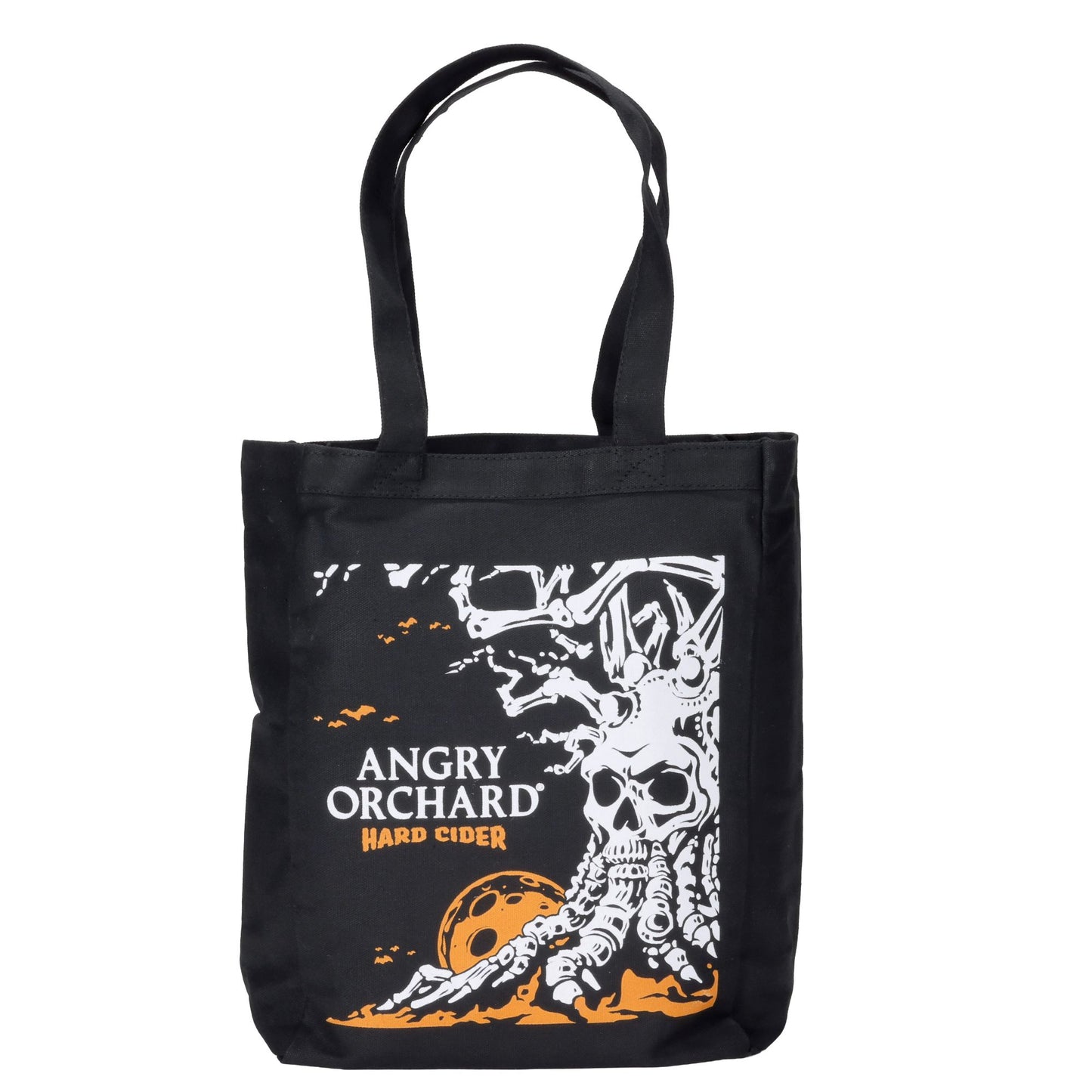 Black tote bag with Angry Orchard Hard Cider design featuring a skull inspired tree design.