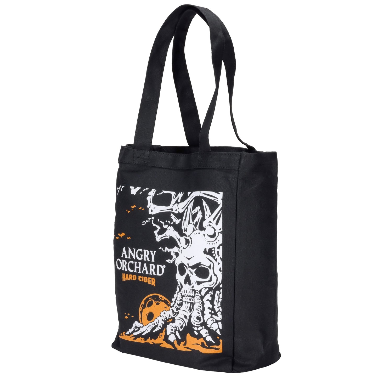 Black tote bag with Angry Orchard Hard Cider design featuring a skull inspired tree design.