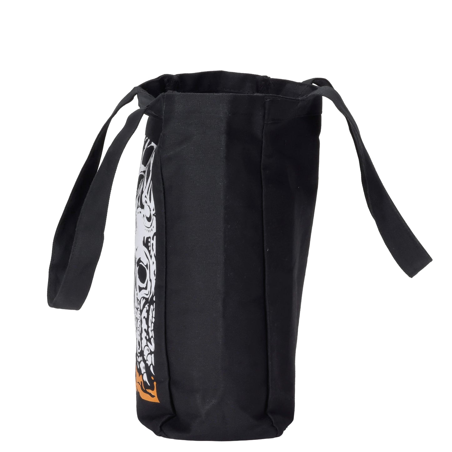 Side view of black tote bag with Angry Orchard Hard Cider design featuring a skull inspired tree design.