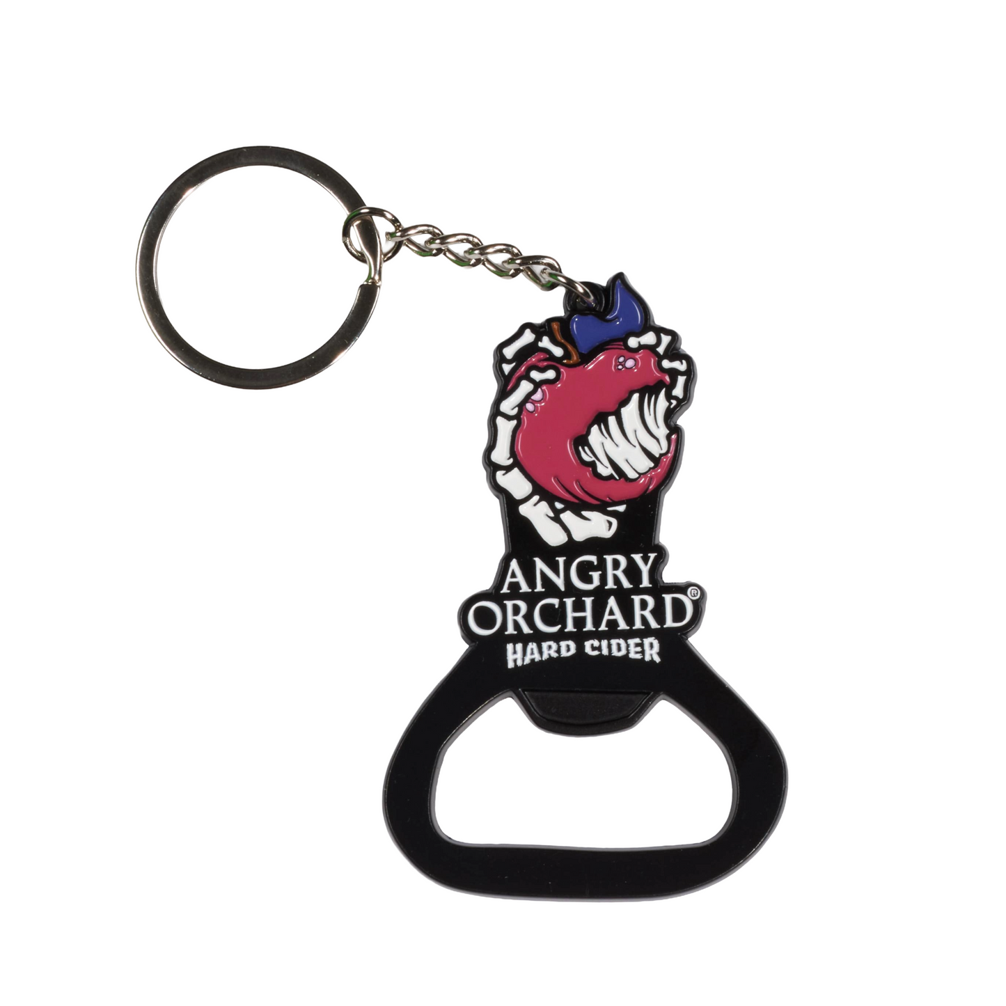 Black bottle keychain opener with skeleton hand holding apple with bite taken out. Text Angry Orchard Hard Cider below hand with apple.