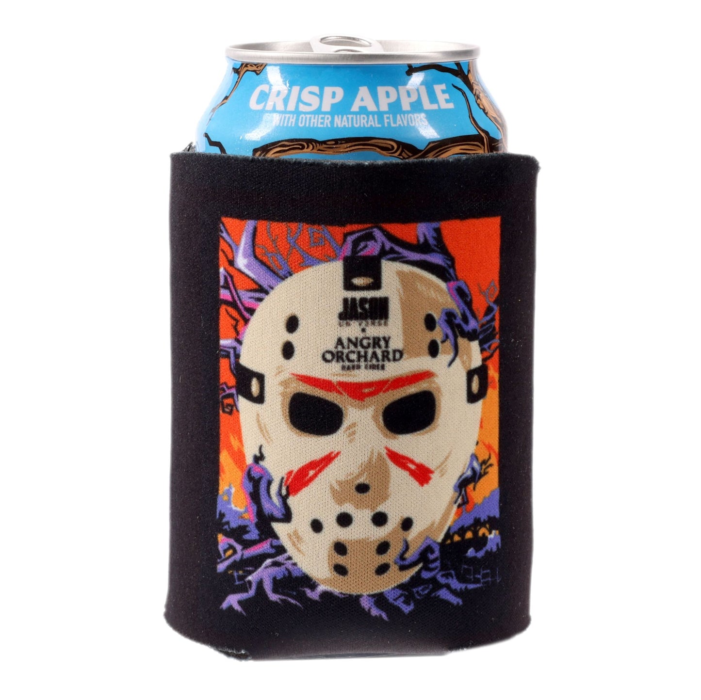 View of one side of can cooler which features Jason’s mask emerging from the twisted limbs of the Angry Tree.