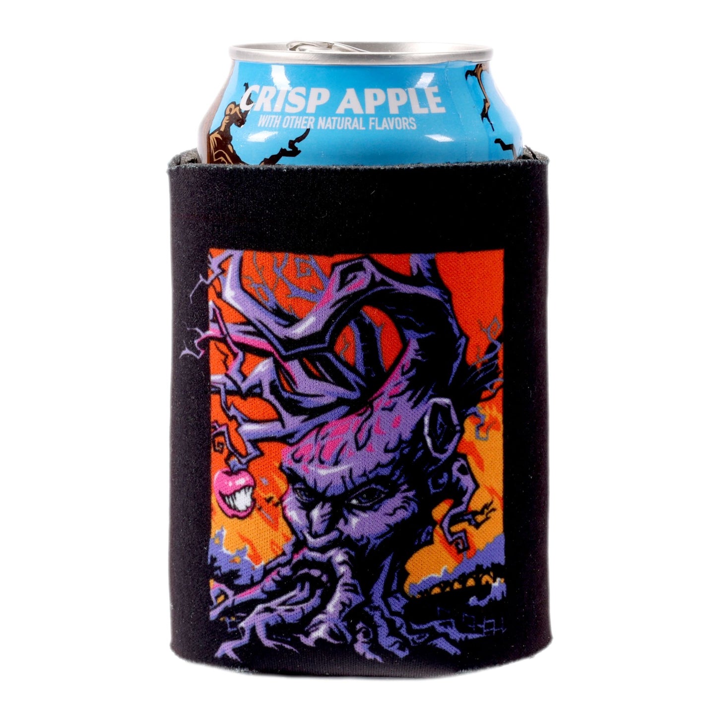 View of the other side of can cooler, features the Angry Tree in spectral purple.