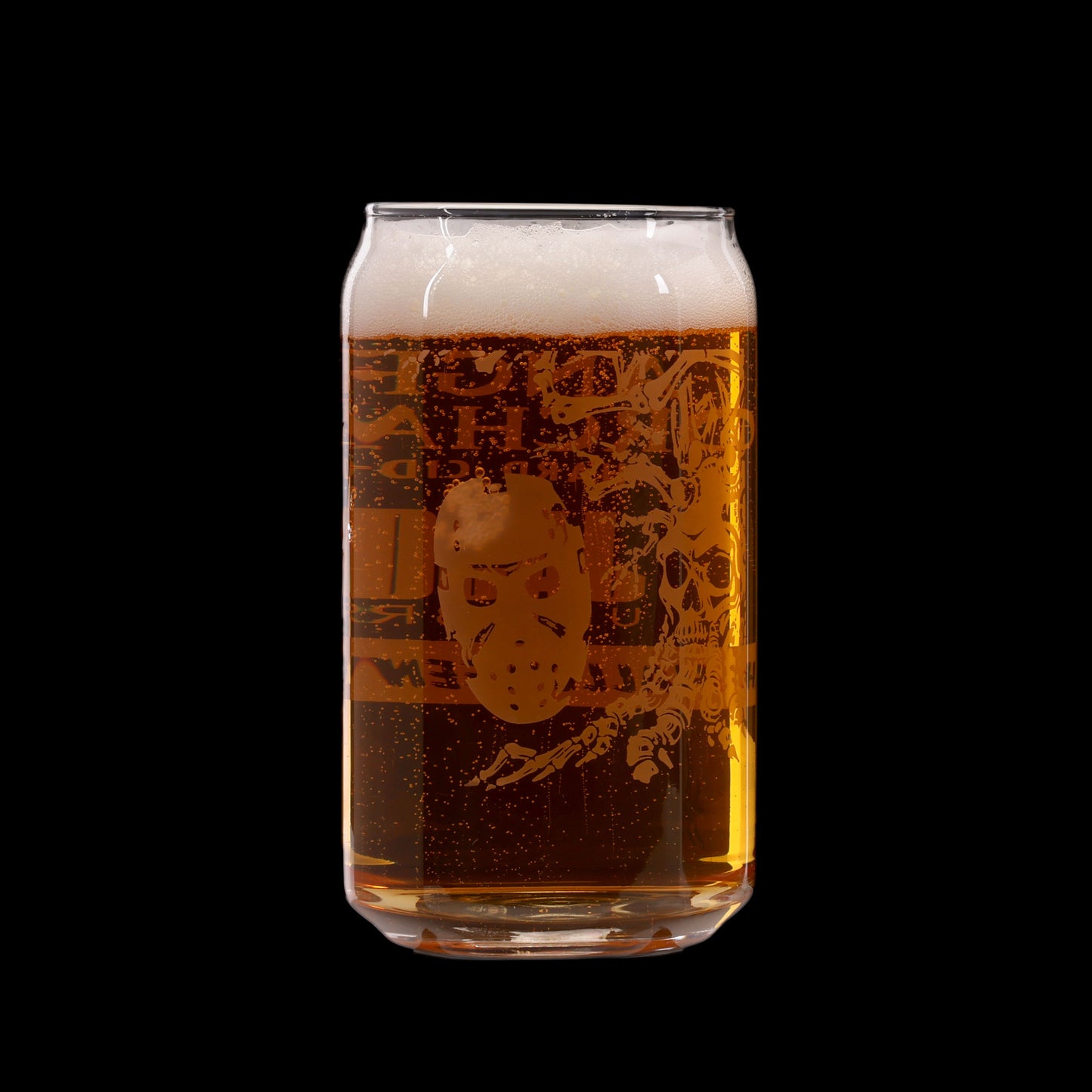 View of one side other glass features silhouette of Angry Tree and Jason Universe mask.