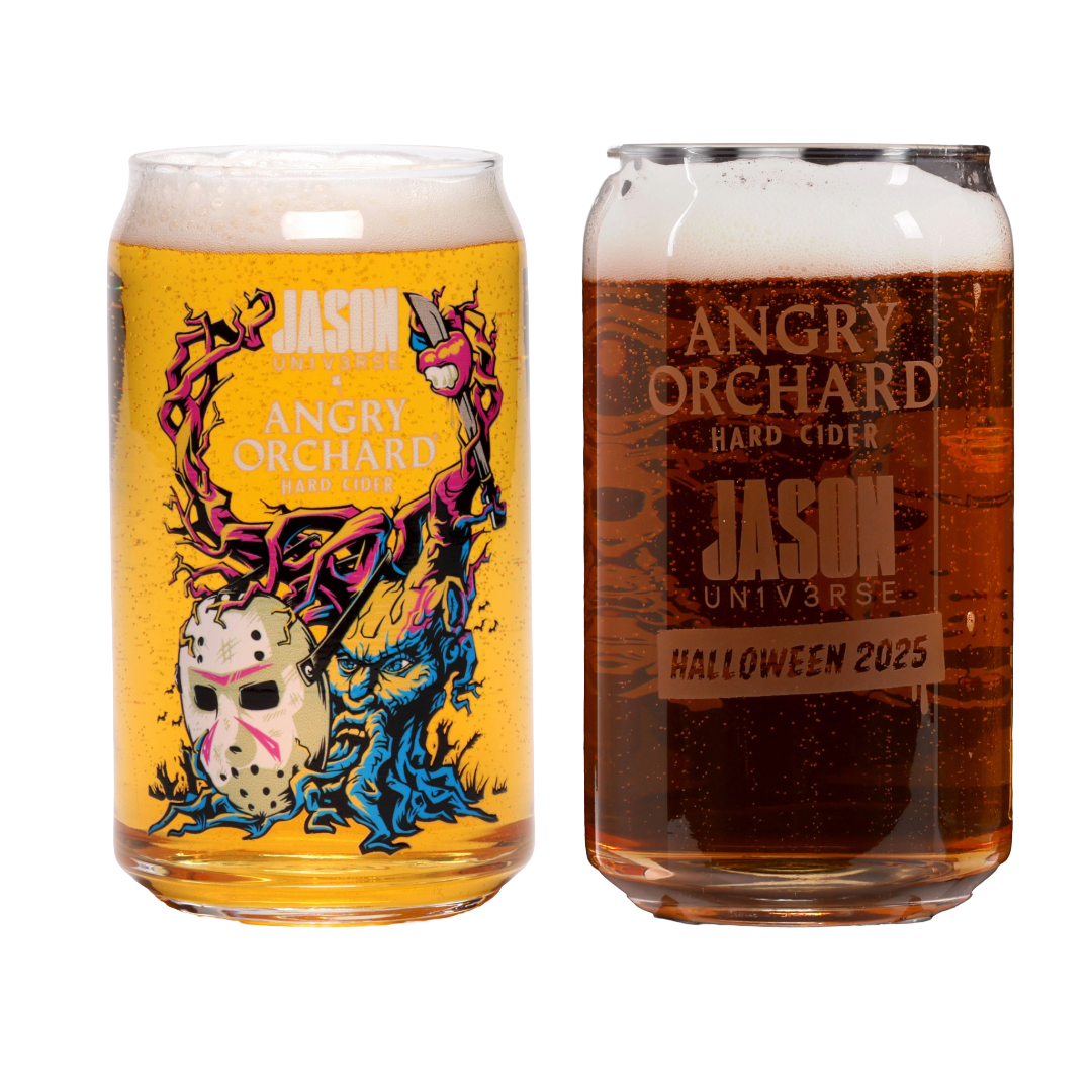 Two can glasses with Angry Orchard Jason Universe artwork featuring Jason mask and angry tree.
