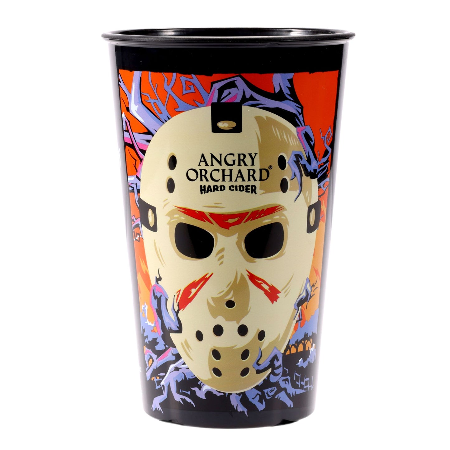 One side view of cup which features Jason Universe mask being enwrapped by purple branches on an orange ombre background. Writing "Angry Orchard Hard Cider" featured.