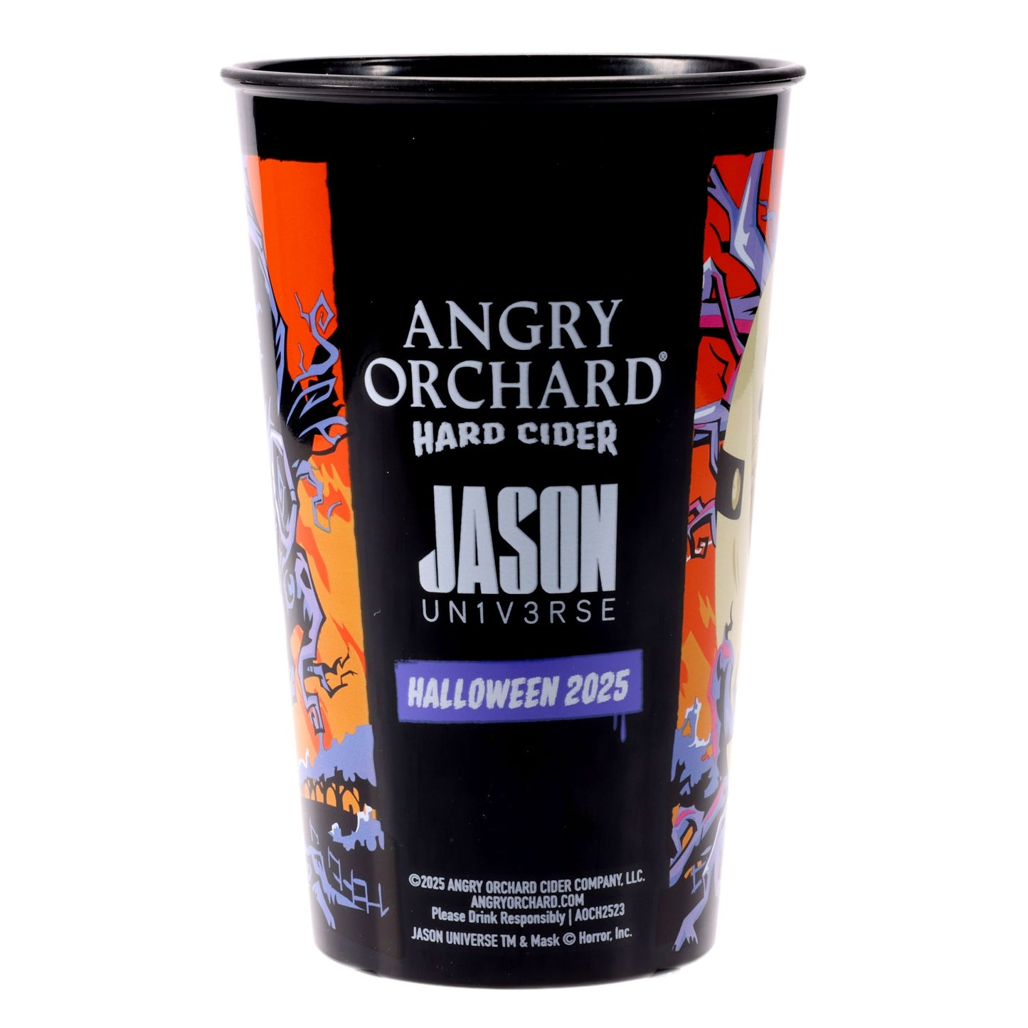 Other side of cup has a sectioned off part from rest of design with a black background with writing "Angry Orchard Hard Cider", "JASON Un1v3rse", and "Halloween 2025".