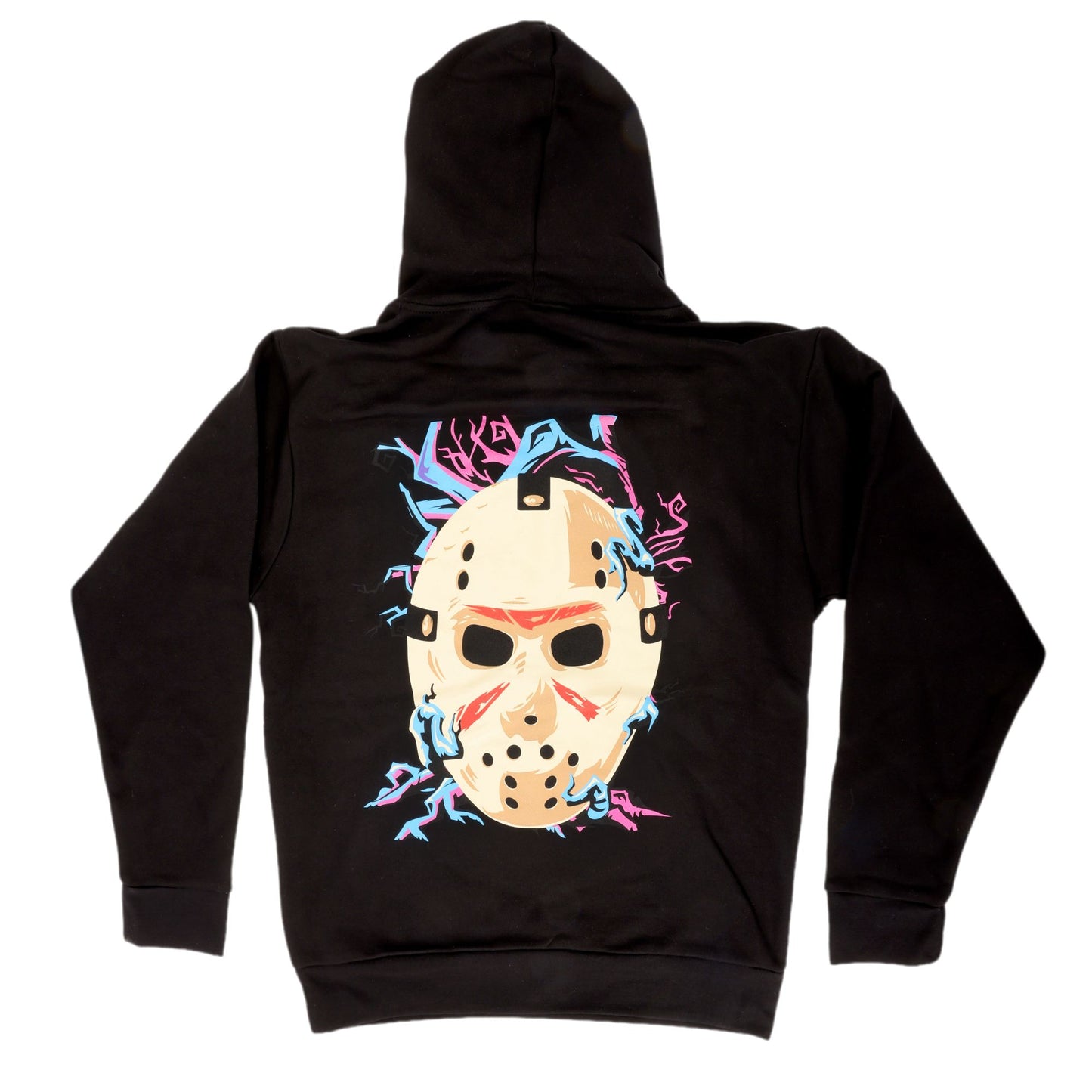 Back of black hoodie features blue and purple branches enwrapping Jason Universe mask.