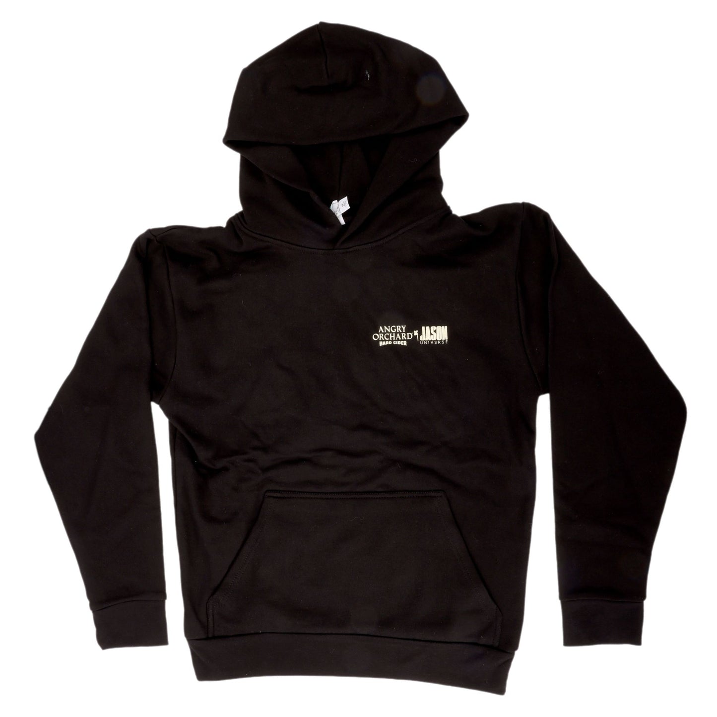 Front of black hoodie features writing "Angry Orchard Hard Cider x JASON Un1v3rse" on left side of chest.