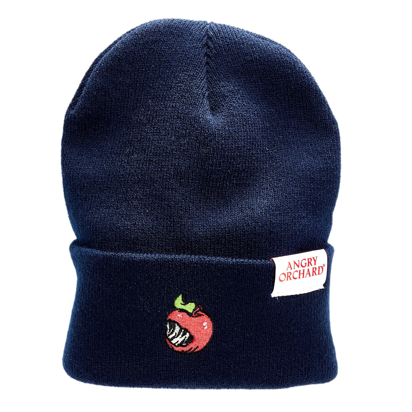 Navy beanie with red bitten apple on fold over. White Angry Orchard tag on the left side of fold over.
