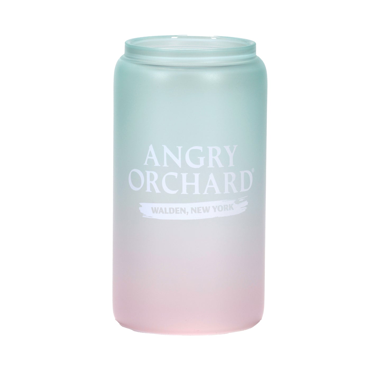 A frosted 16oz can-shaped glass with a pink-to-mint ombre gradient. One side shows the Angry Orchard logo with "Walden, New York" text; the other side features the brand's signature bitten apple icon. In a third image, the glass is filled with a frozen drink, revealing a bright red-to-blue ombre color change.