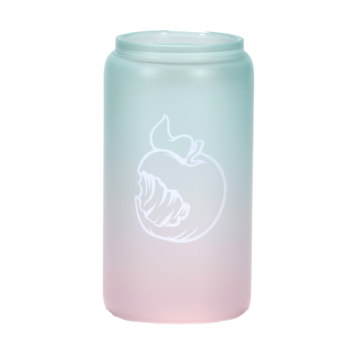 A frosted 16oz can-shaped glass with a pink-to-mint ombre gradient. One side shows the Angry Orchard logo with "Walden, New York" text; the other side features the brand's signature bitten apple icon. In a third image, the glass is filled with a frozen drink, revealing a bright red-to-blue ombre color change.