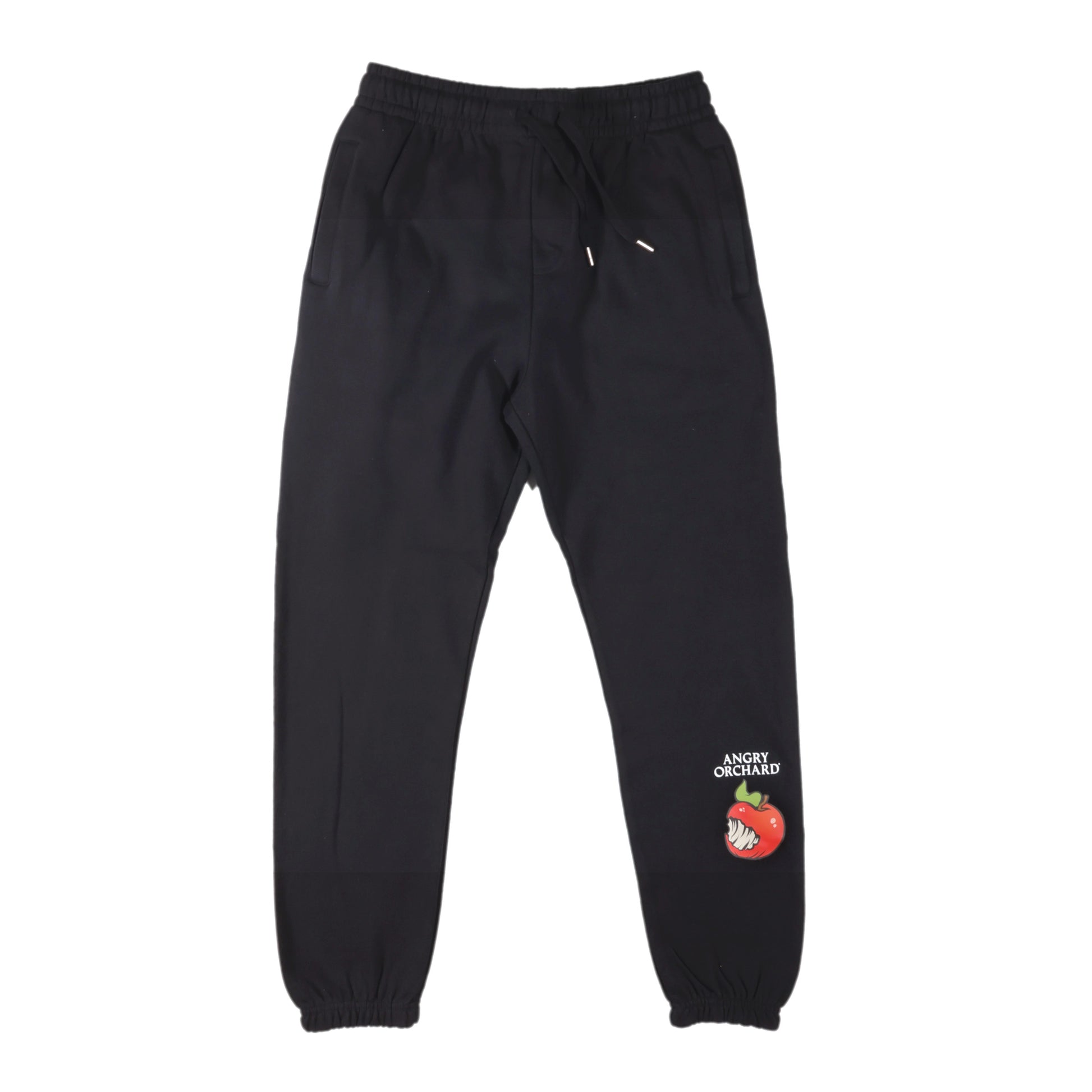 Angry Orchard Black Apple Sweatpants, Featuring an apple on the left shin. Also features metal-tipped drawcords and internal zipper pockets.