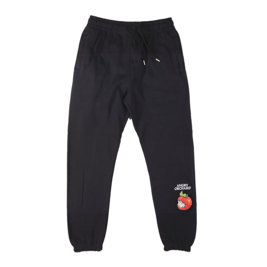 Angry Orchard Black Apple Sweatpants, Featuring an apple on the left shin. Also features metal-tipped drawcords and internal zipper pockets.