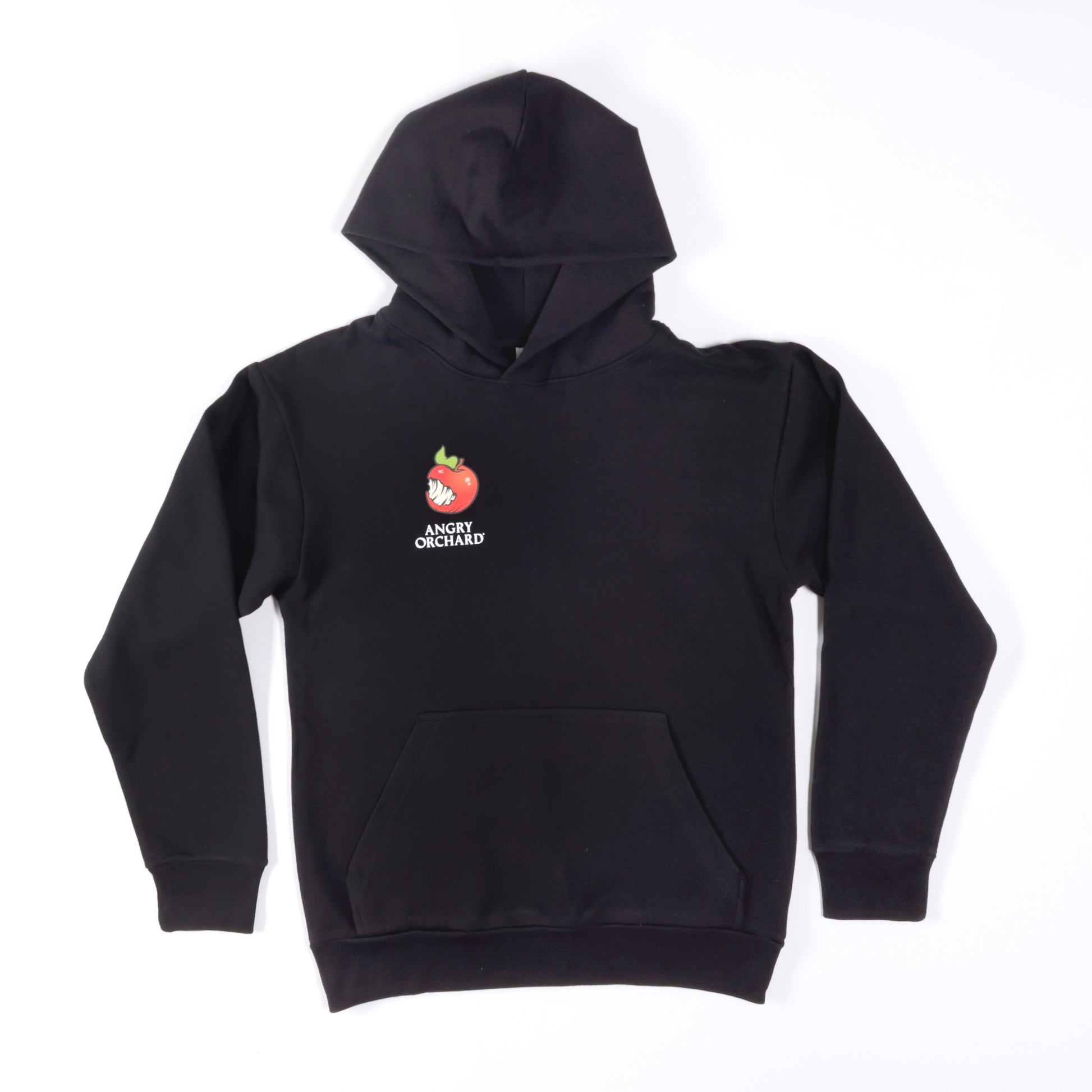 A black hoodie featuring a graffiti apple on the right side of the chest.