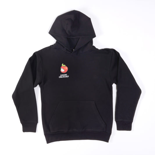 A black hoodie featuring a graffiti apple on the right side of the chest.