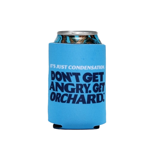 Back of can cooler with writing "It's just condensation. Don't Get Angry. Get Orchard."