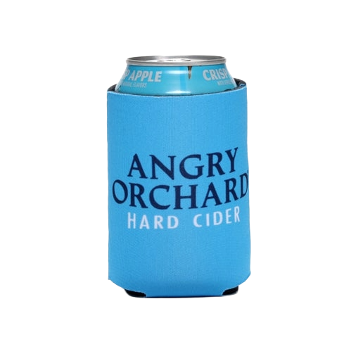 Front of can cooler with writing "Angry Orchard", "Hard Cider".