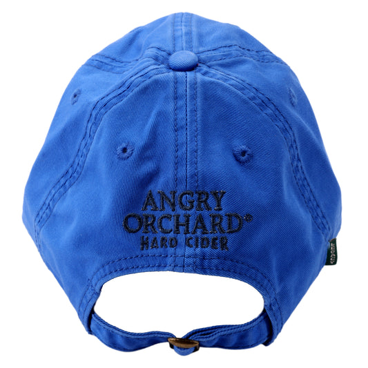 Back view of blue hat with writing "Angry Orchard Hard Cider" in black above adjustable strap with gold hardware.