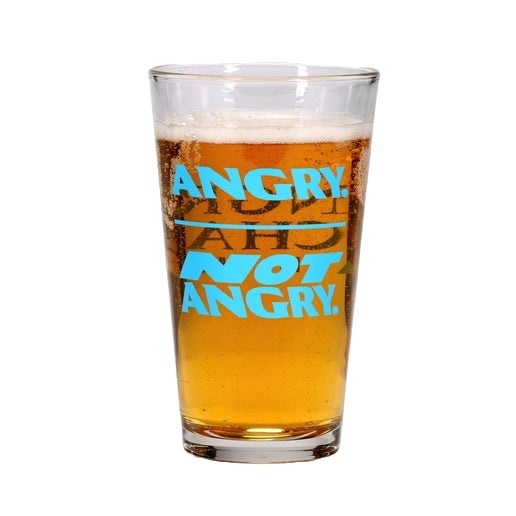 Sixteen-ounce pint glass filled with cider. Features blue text "Angry. Not Angry."