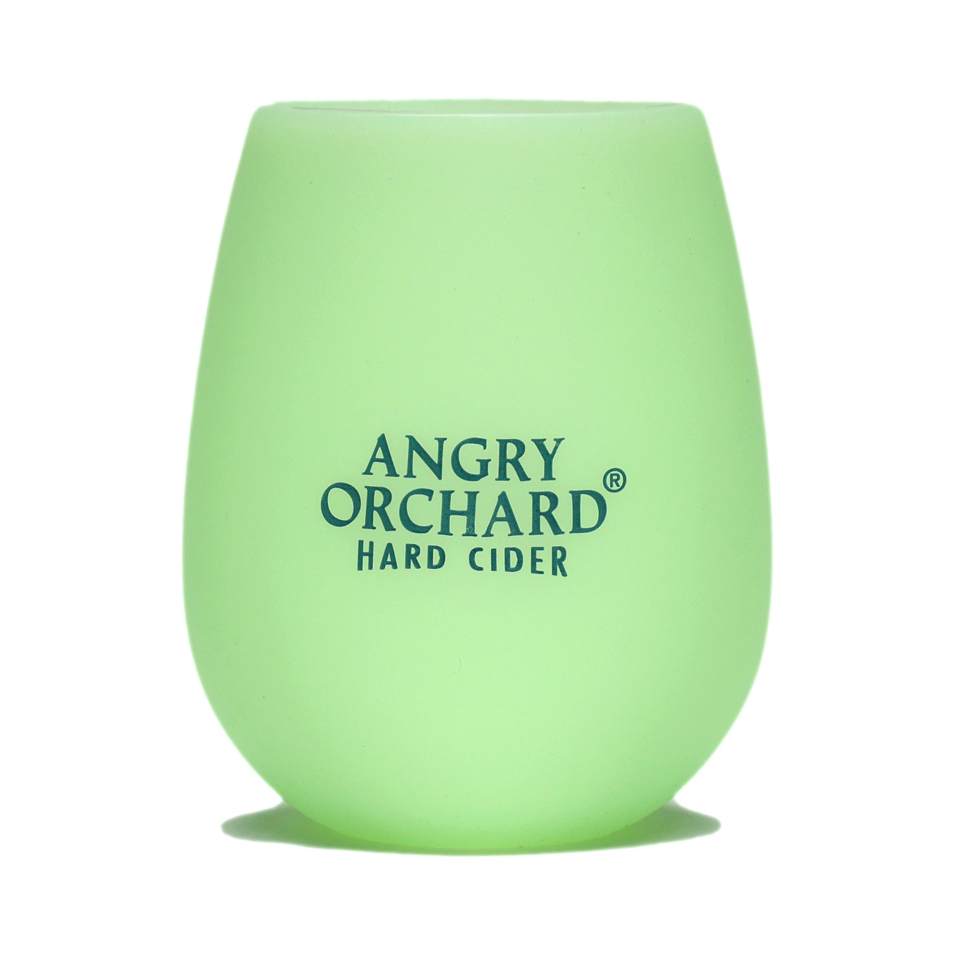 Front of stemless glass features Angry Orchard written logo and appears a green color.