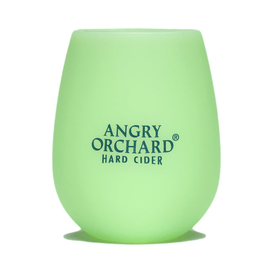Front of stemless glass features Angry Orchard written logo and appears a green color.