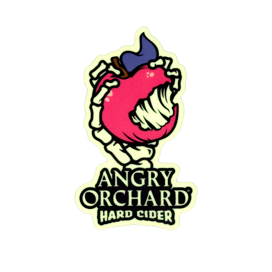 Skeleton hand holding apple with bite taken out. Angry Orchard Hard Cider Logo below hand. 