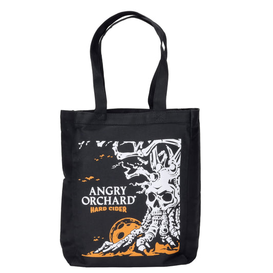 Black tote bag with Angry Orchard Hard Cider design featuring a skull inspired tree design. 
