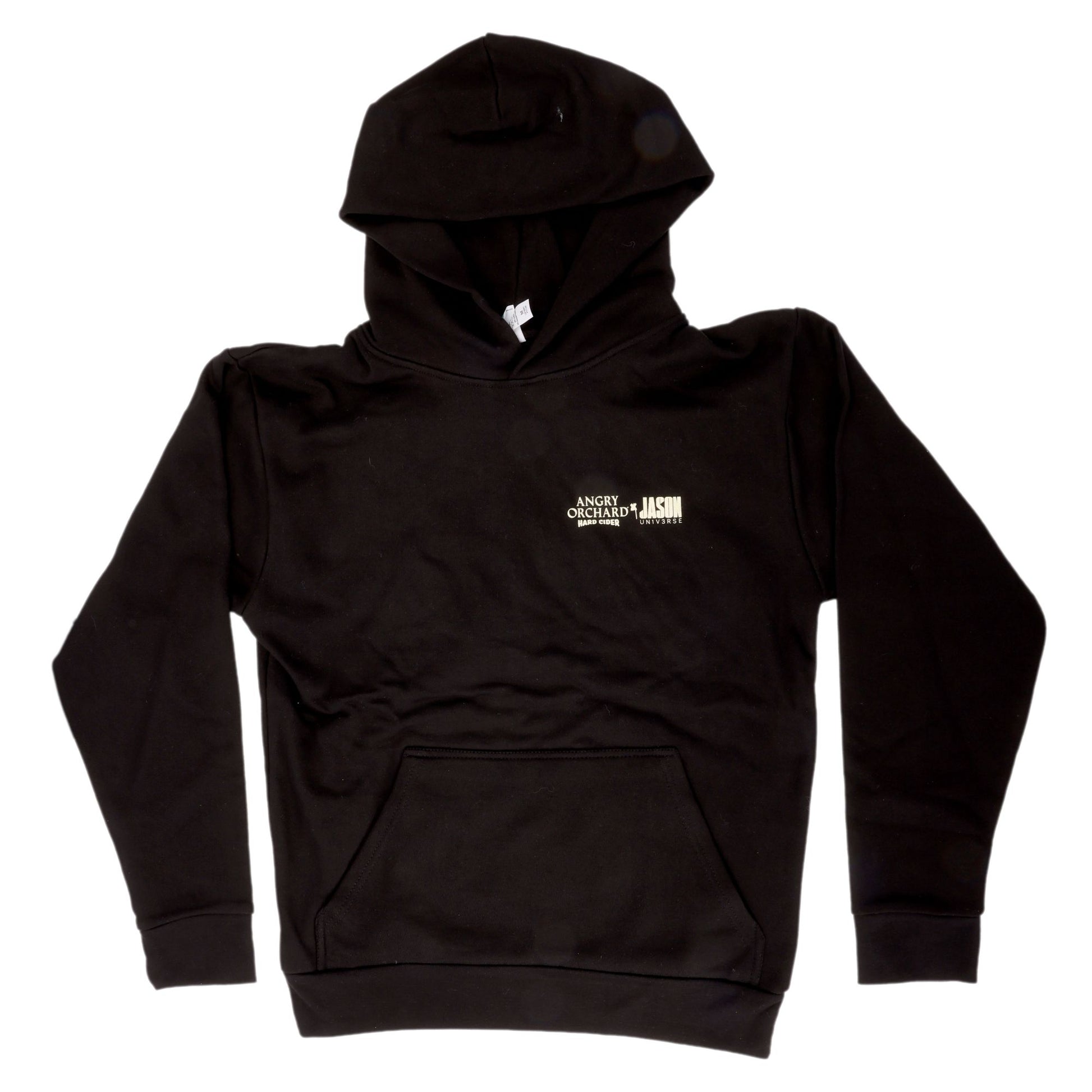Front of black hoodie features writing "Angry Orchard Hard Cider x JASON Un1v3rse" on left side of chest.