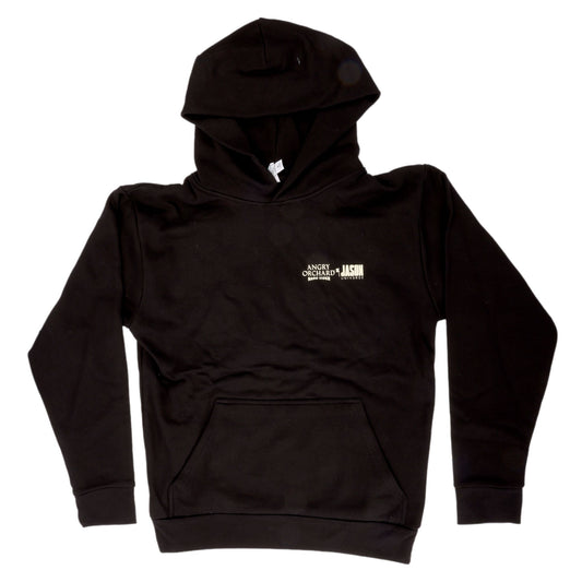 Front of black hoodie features writing "Angry Orchard Hard Cider x JASON Un1v3rse" on left side of chest.