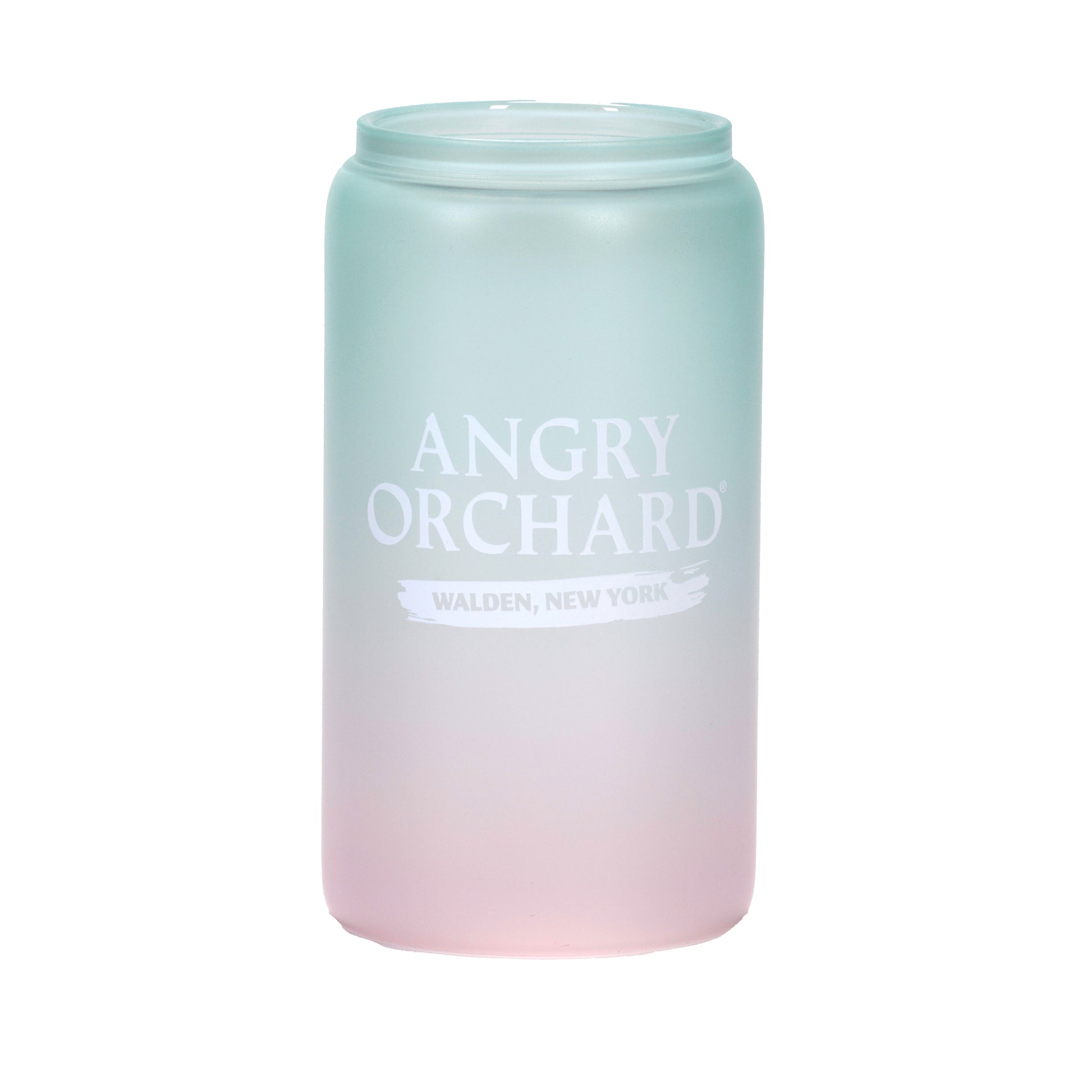 A frosted 16oz can-shaped glass with a pink-to-mint ombre gradient. One side shows the Angry Orchard logo with "Walden, New York" text; the other side features the brand's signature bitten apple icon. In a third image, the glass is filled with a frozen drink, revealing a bright red-to-blue ombre color change.