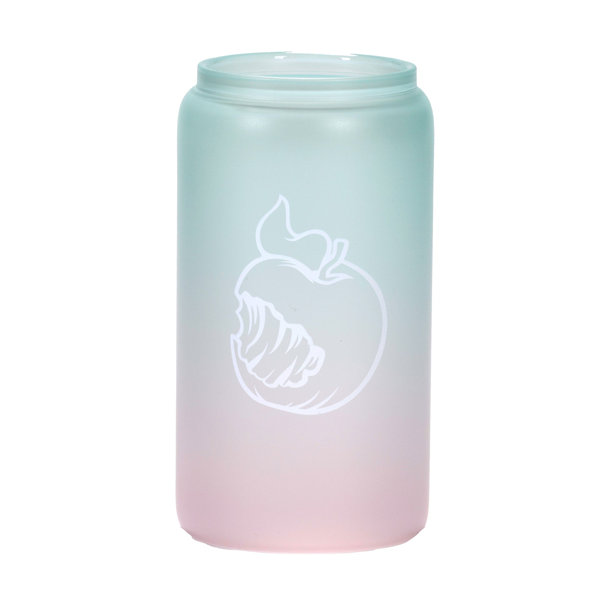 A frosted 16oz can-shaped glass with a pink-to-mint ombre gradient. One side shows the Angry Orchard logo with "Walden, New York" text; the other side features the brand's signature bitten apple icon. In a third image, the glass is filled with a frozen drink, revealing a bright red-to-blue ombre color change.